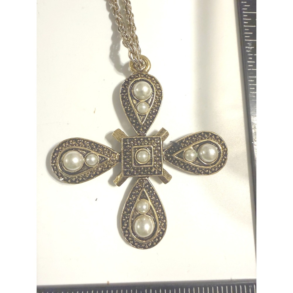 Vintage Byzantine‎ Cross Pendant Necklace Gold Tone Faux Pearl Statement Jewelry